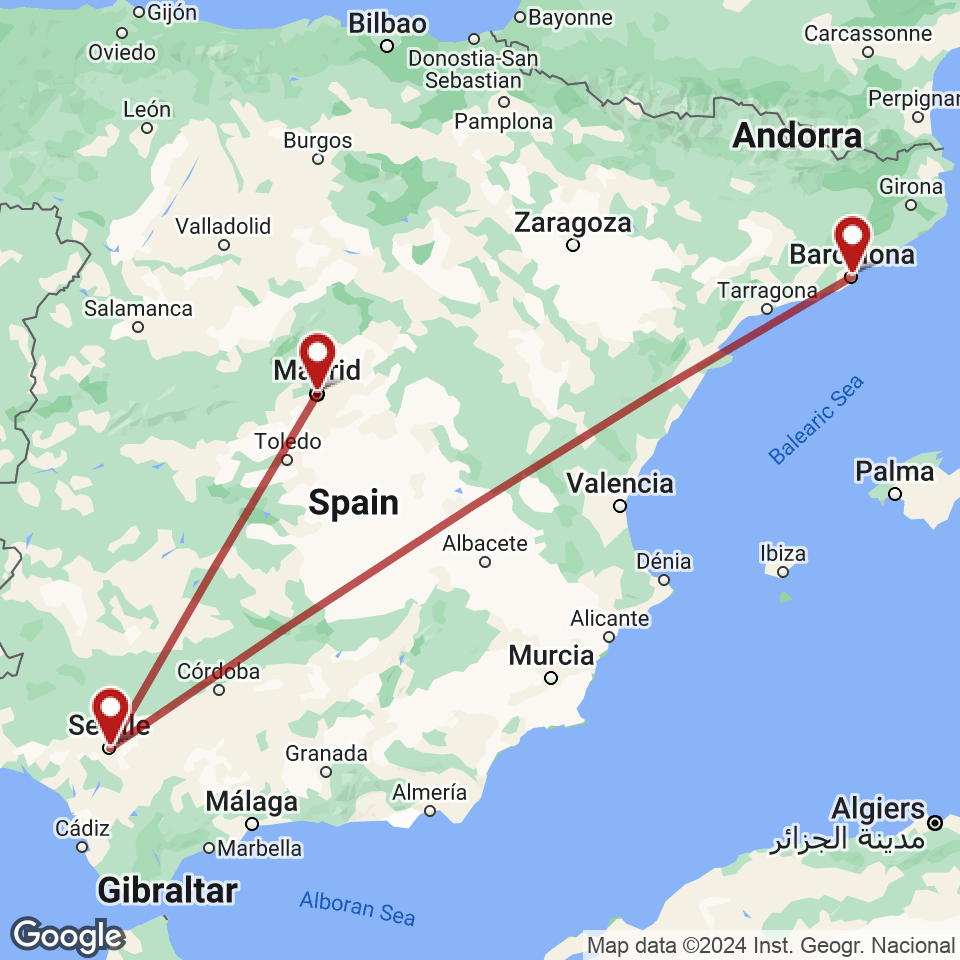 Route for Barcelona, Seville, Madrid tour